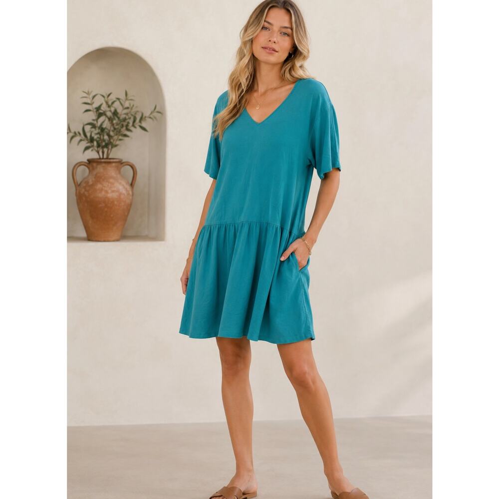 Eileen Fisher Teal Short Sleeve V Neck Casual Knee Length Dress XS Oversized